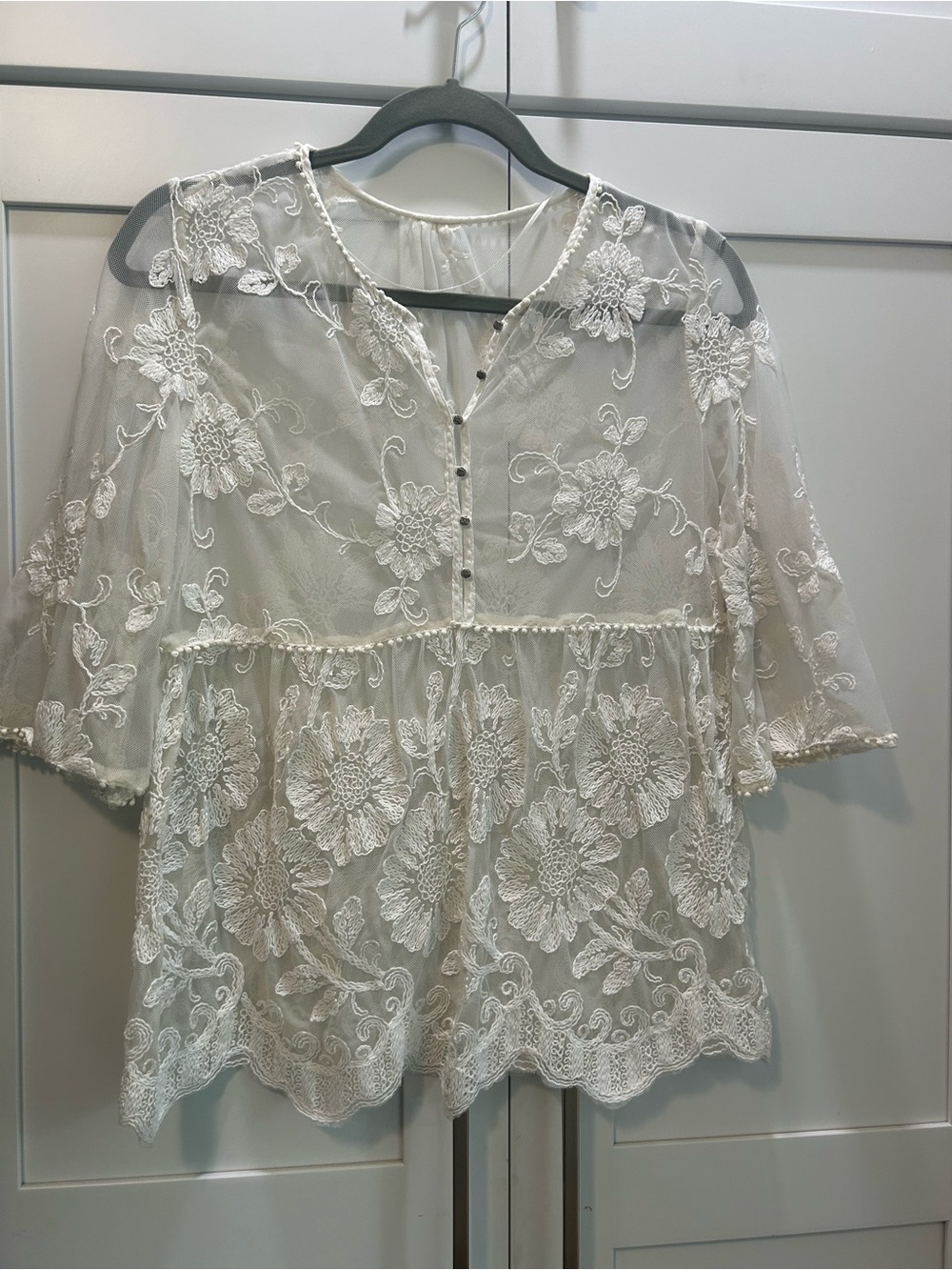 Elegant White Embroidered Sheer Peasant Top